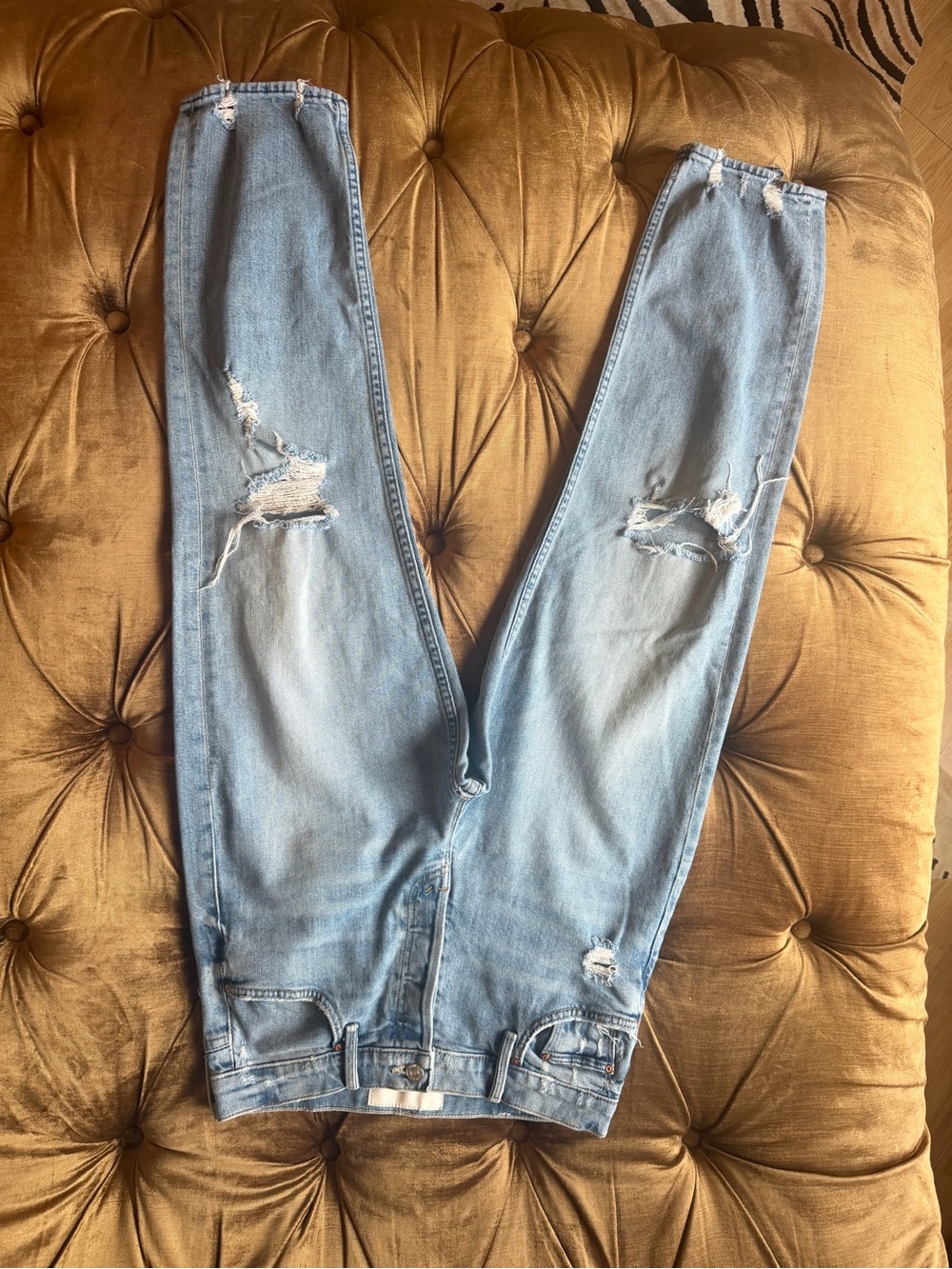 MOTHER Light Blue Slim Straight Distressed Jeans